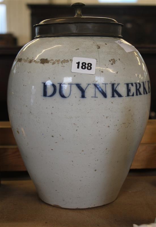 Dutch ovoid jar inscribed DUYNKERKE with brass lid